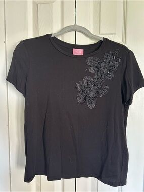 MUSE Black Embellished Floral Crewneck Tee